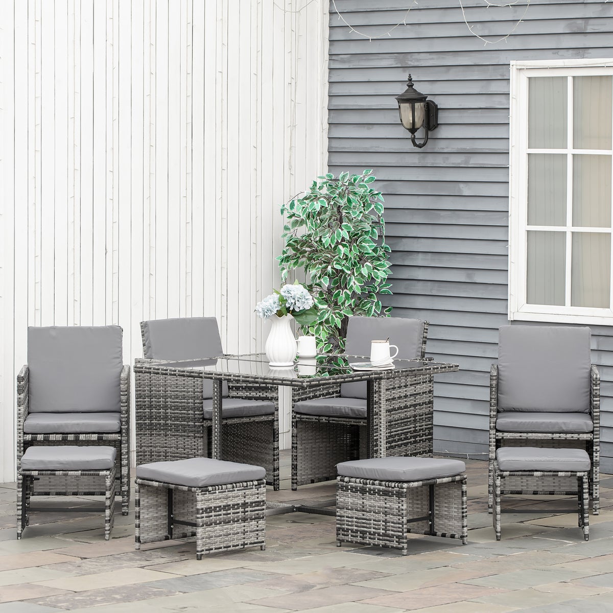 Outsunny 9-delige polyrotan tuinmeubelset, rotan tuinset, 109 x 109 x 72 cm, polyrotan, metaal, polyester, zwart