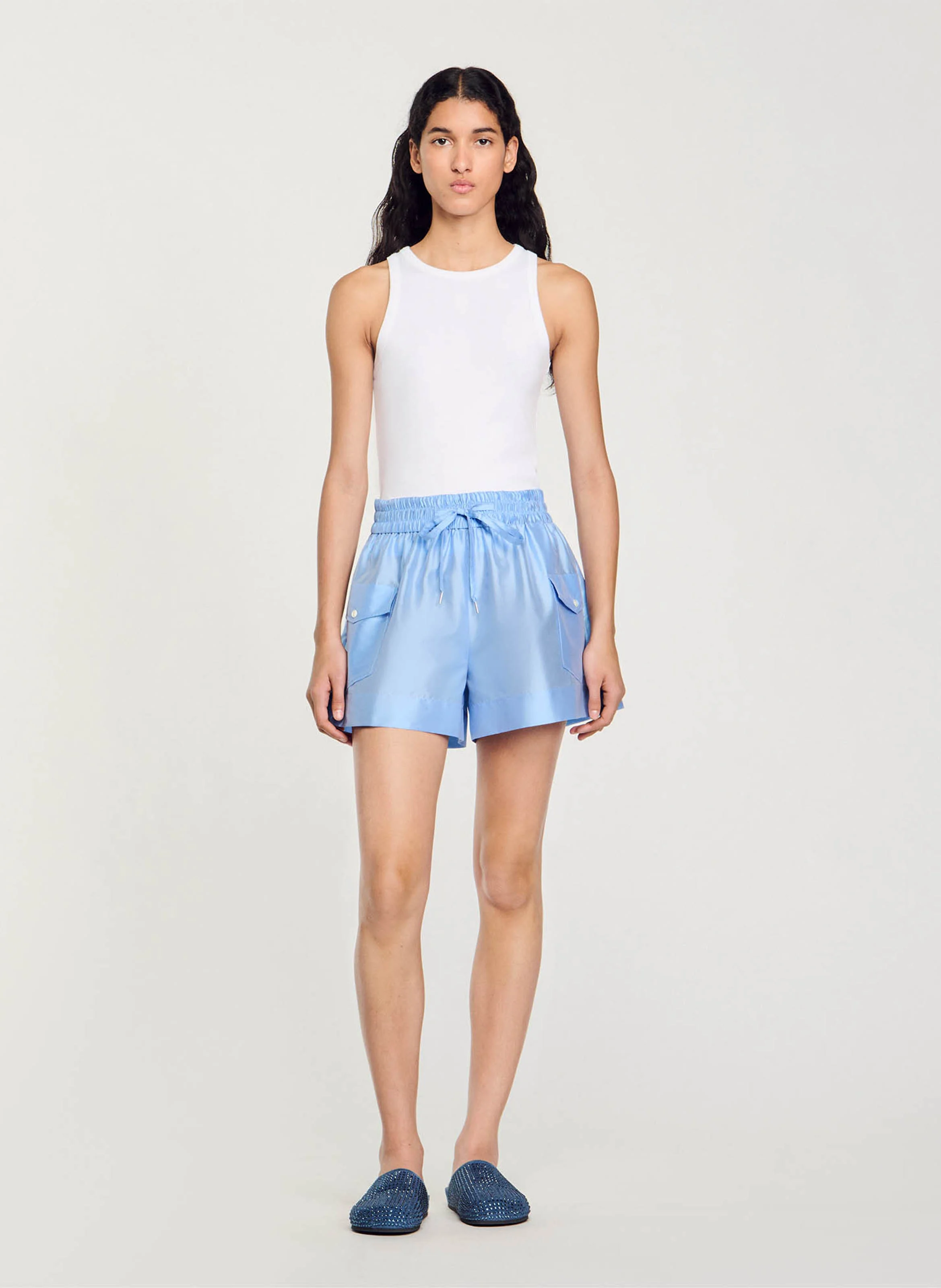 Short taille haute satiné | Bleu
