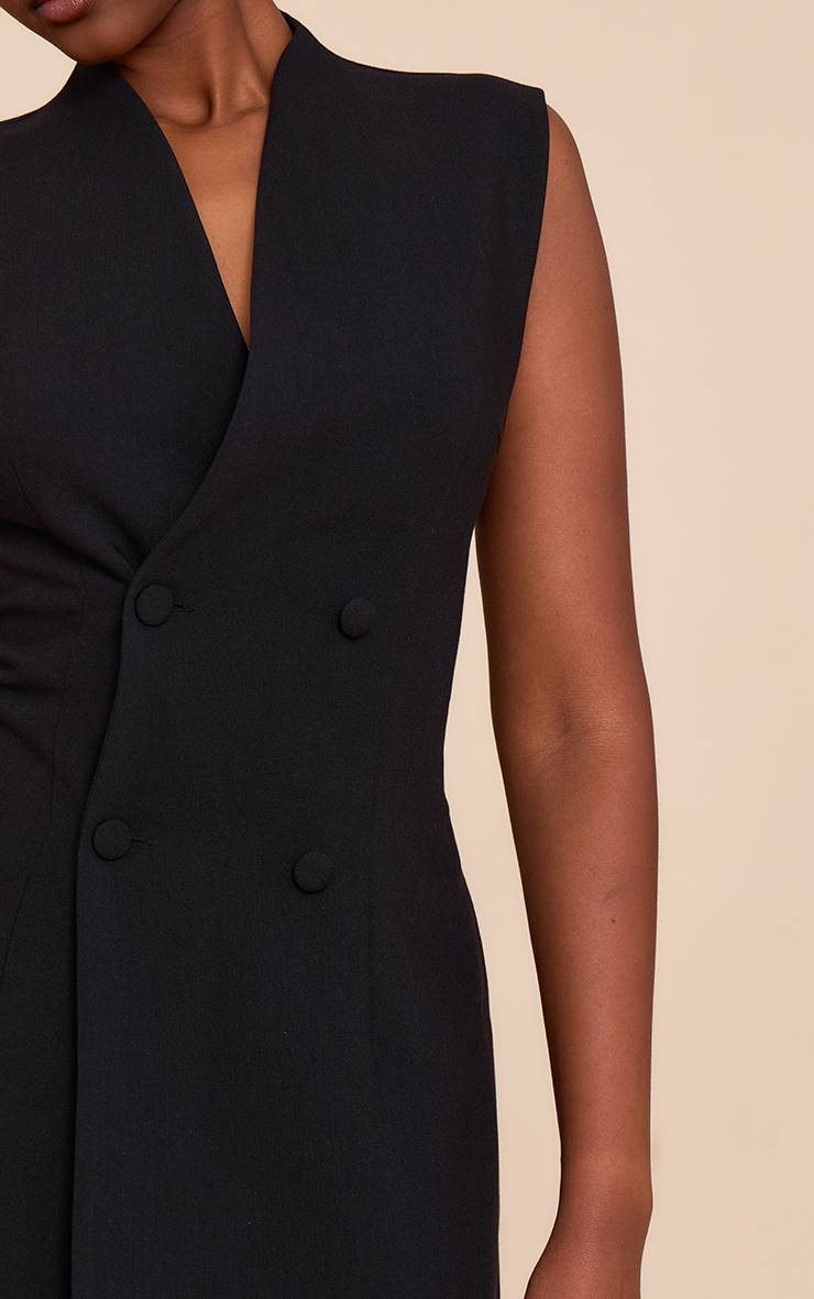 Noir Robe Mini Boutonnée Sans Col En Tissu Tissé