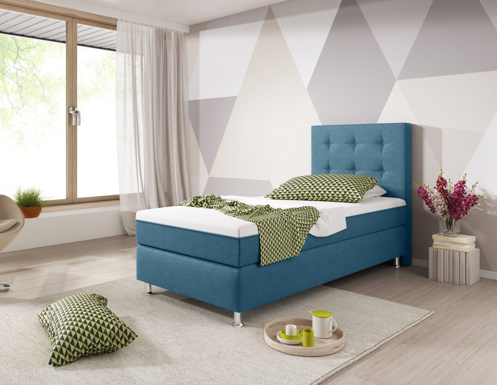 Boxspringbett - blau - H3 - 90x200 cm