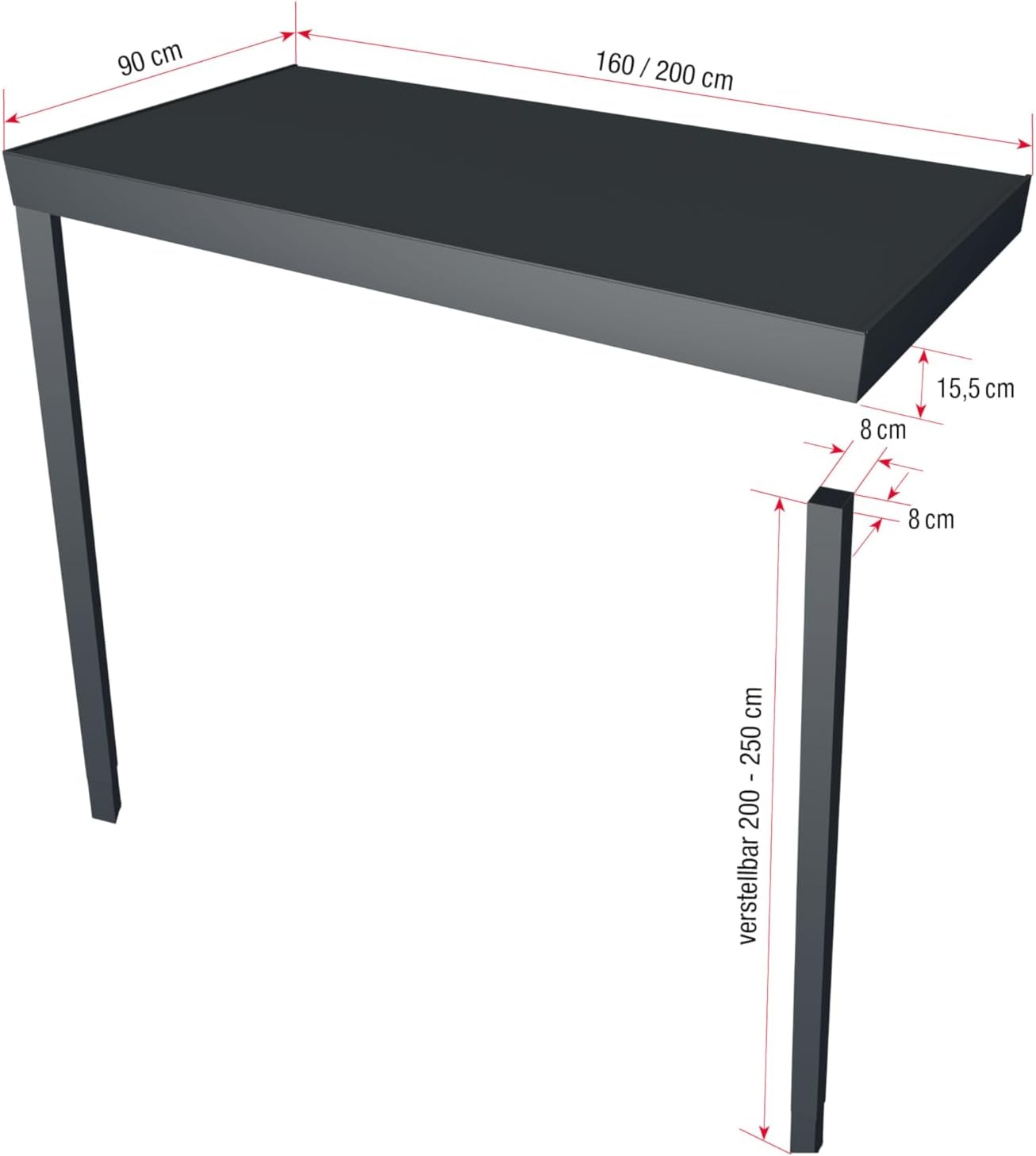 Gutta Rechteckvordach BS Plus 160 mit 2 Pfosten Links - Anthrazit | Maße: 160 x 90 x 15,5 cm (BxTxH)
