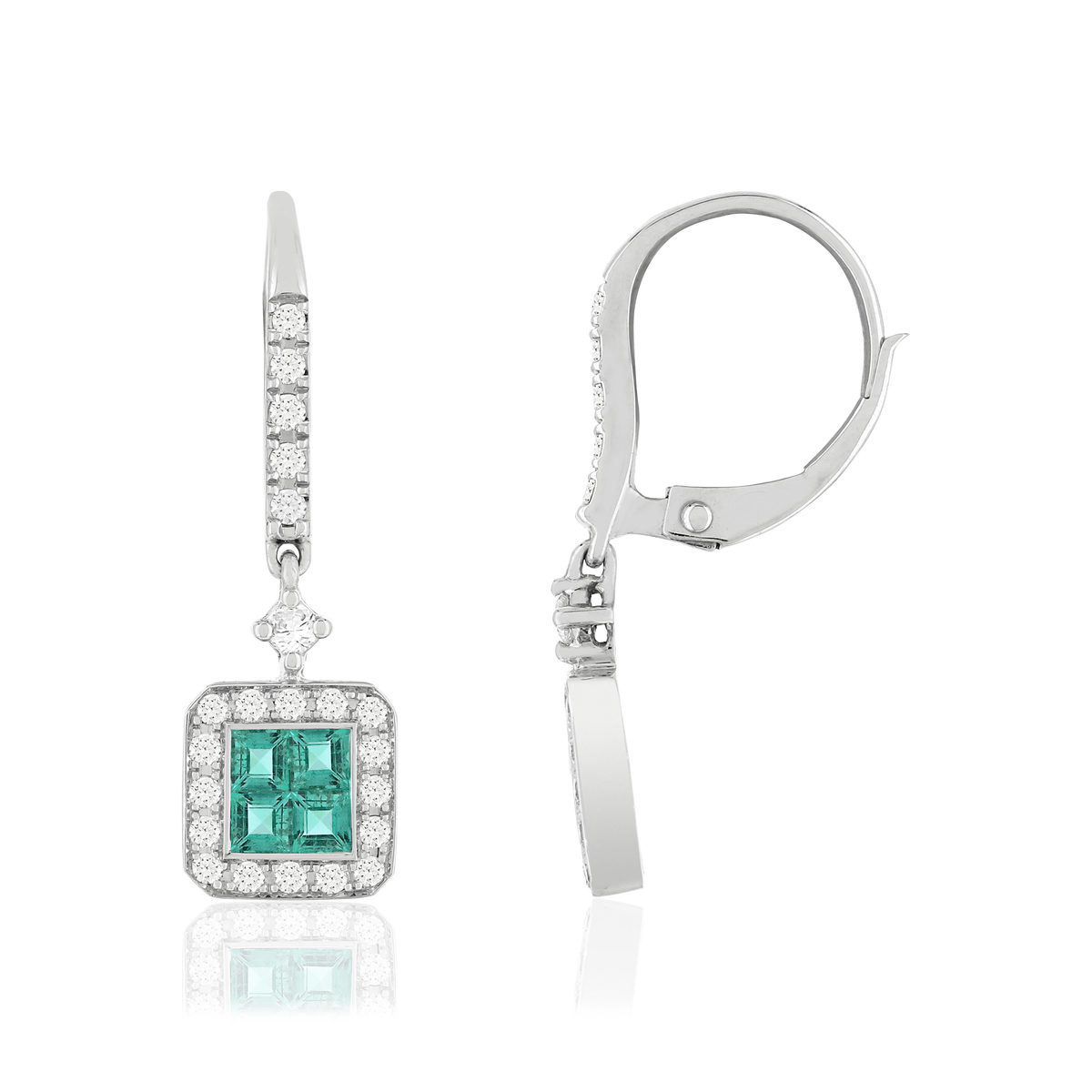 Boucles d'oreilles or 750 blanc emeraude diamant