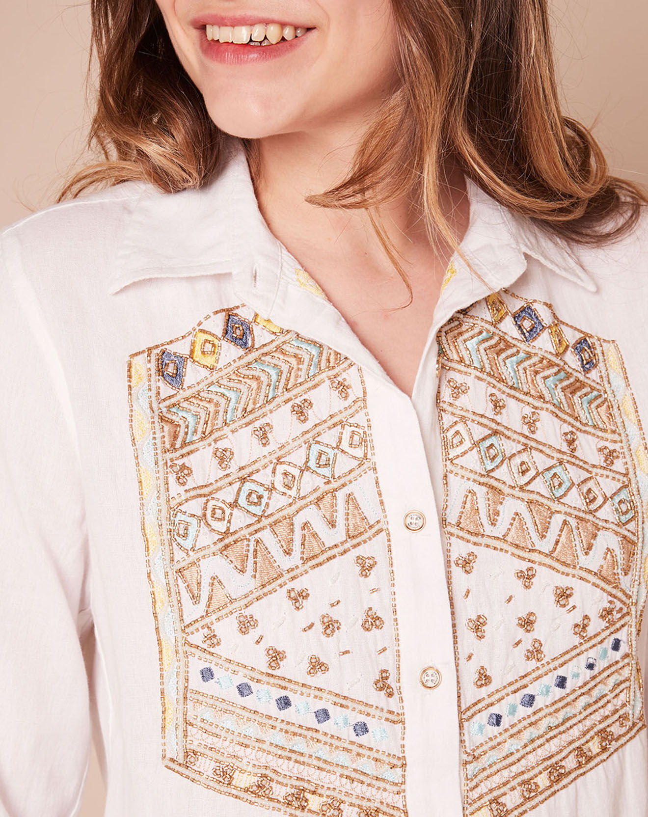 Derhy Chemise longue Mage unie & broderies blanche