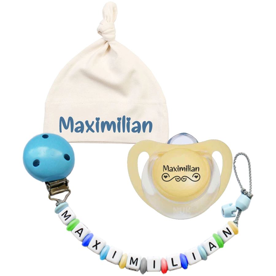 Schnullireich Geschenkset mit Namen Bestseller Junge (6-18 Mon) Blau