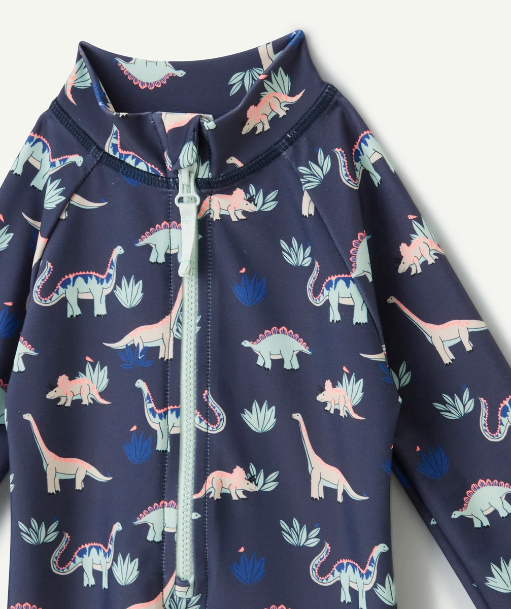 combinaison anti-UV bébé garçon en fibres recyclées bleu imprimé dino