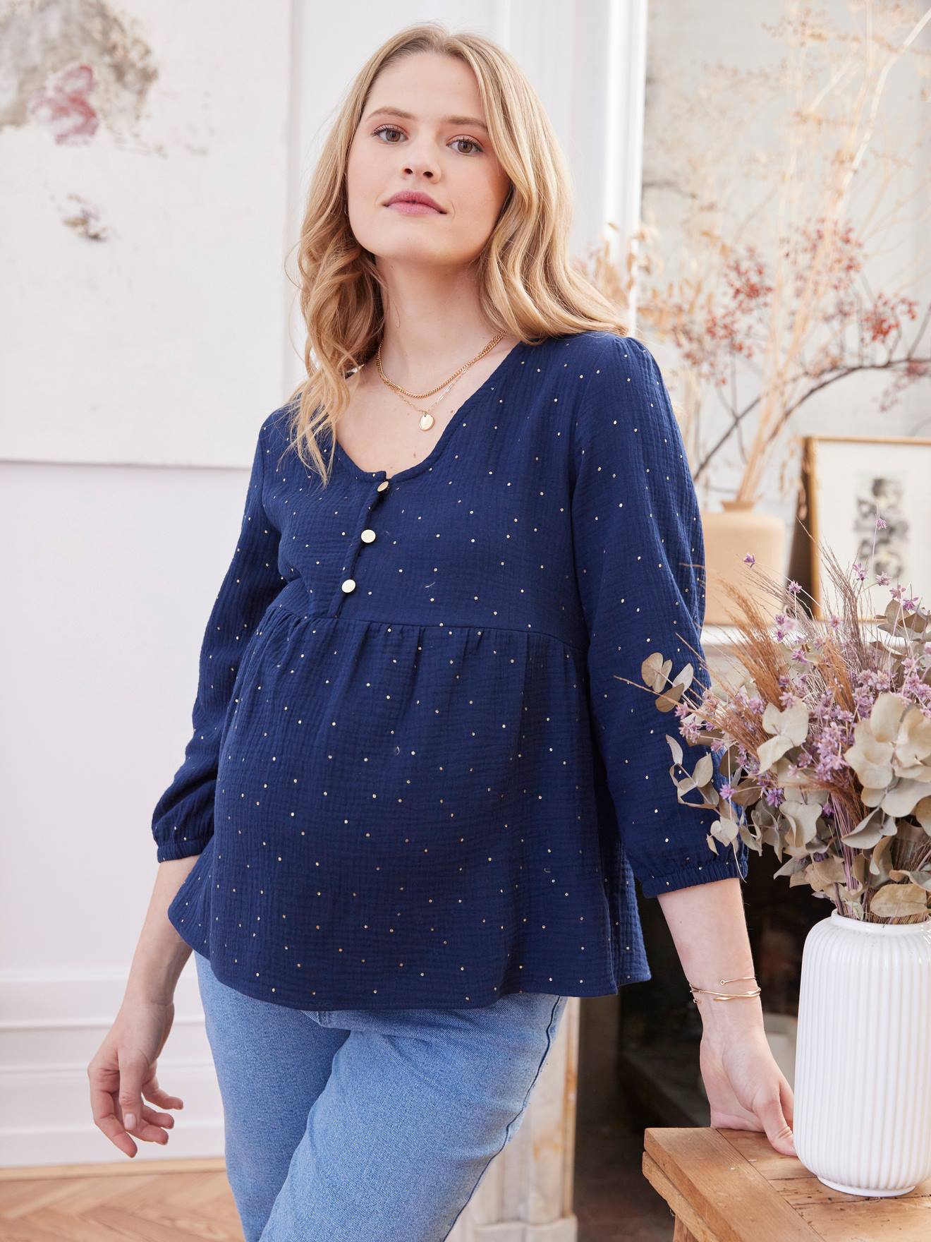 Blusa de maternidade e amamentação em chiffon de algodão azul liso e resistente