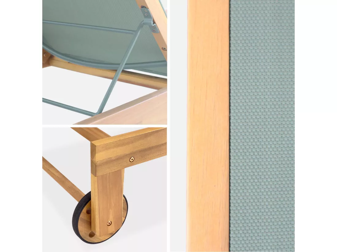 Lot de 2 bains de soleil en bois d'acacia et textilène kaki. multi positions avec roulettes