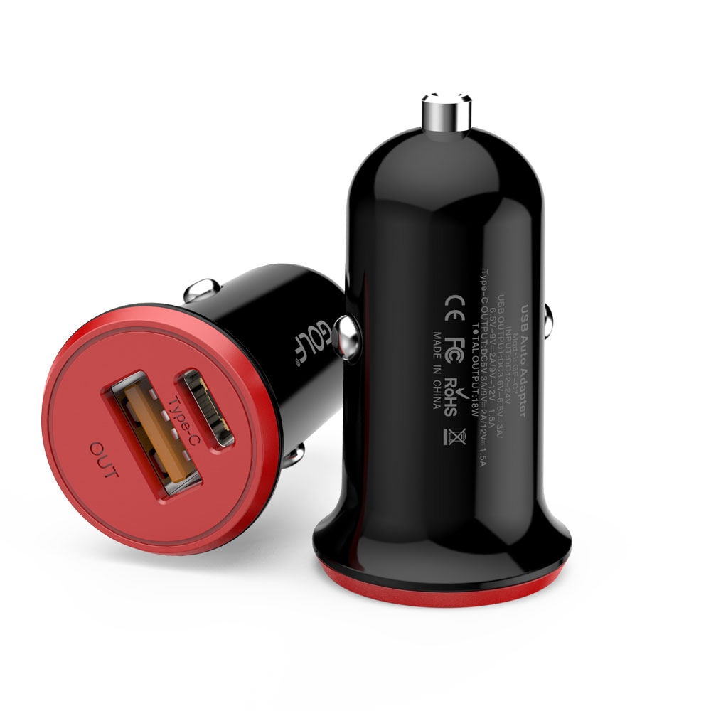 (18W) Mini Dual USB   USB C Fast Charging Auto KFZ Ladegerät - Rot / Schwarz