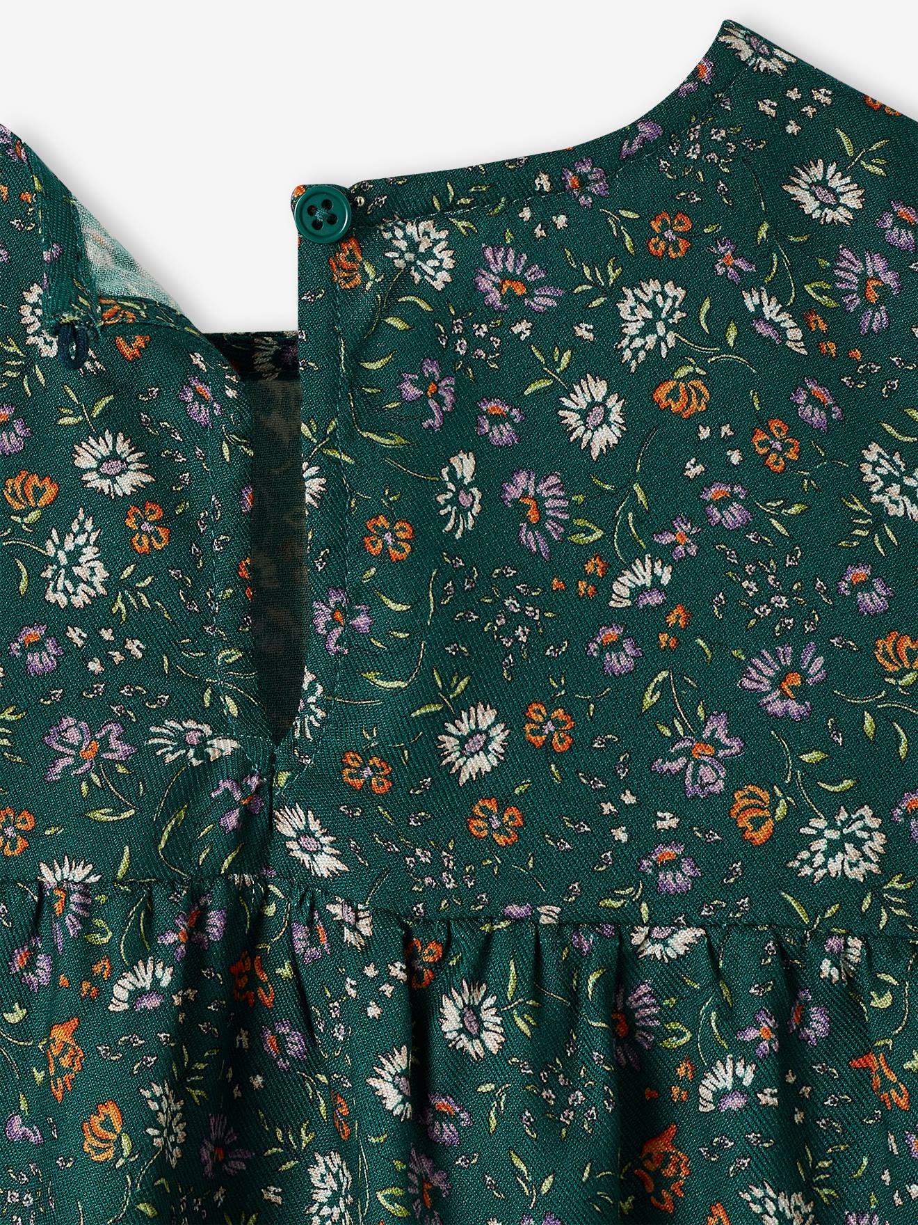 Vestido fluido com babados e motivos florais, para meninas, azul escuro