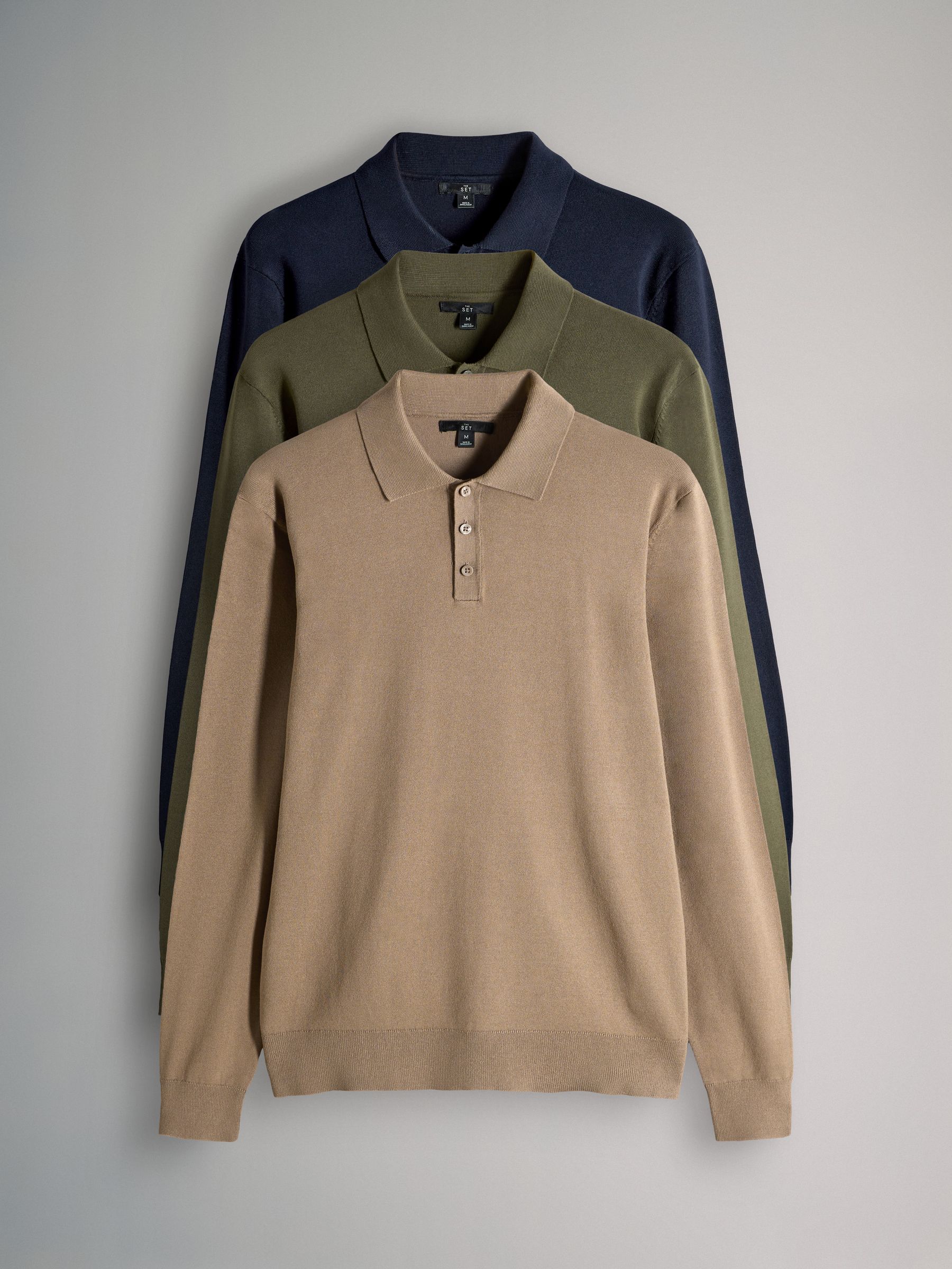 Navy Blue/Khaki/Brown - The Set 3 Pack Gebreide Polo Truien met Lange Mouwen