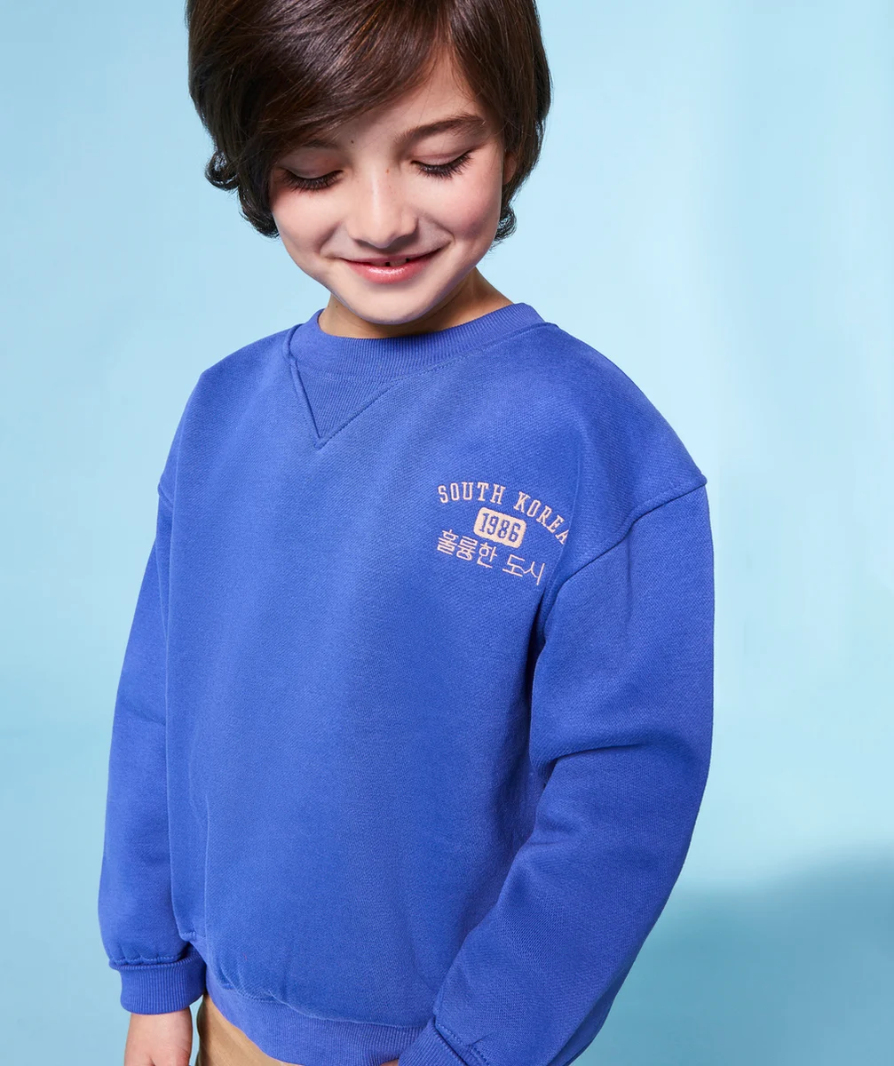 SWEAT GARÇON EN FIBRES RECYCLÉES VIOLET AVEC MOTIFS THÈME KOREA