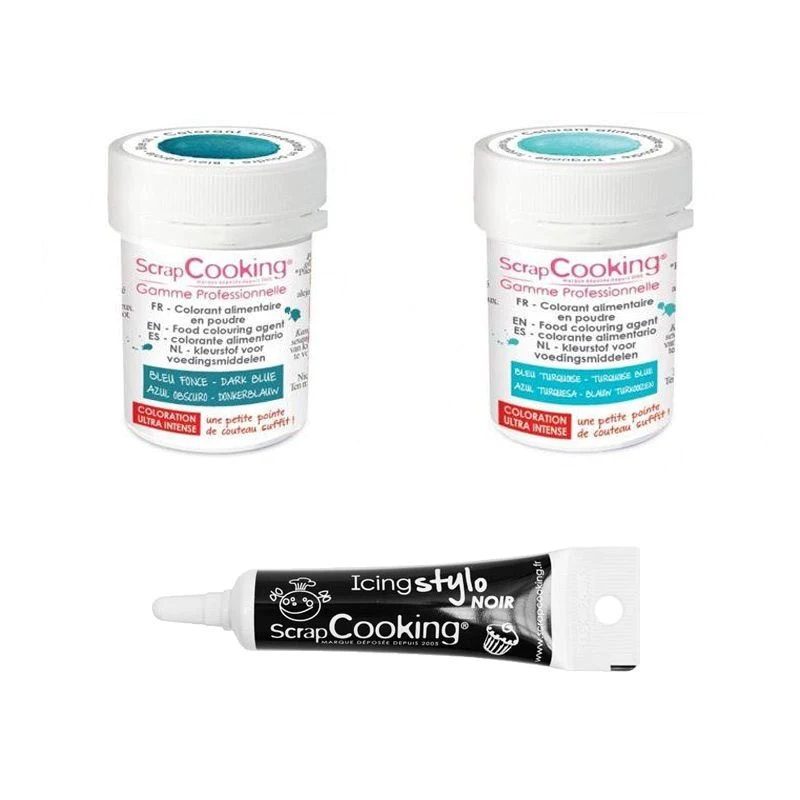 2 colorants alimentaires bleu foncé-turquoise + Stylo glaçage noir Scr