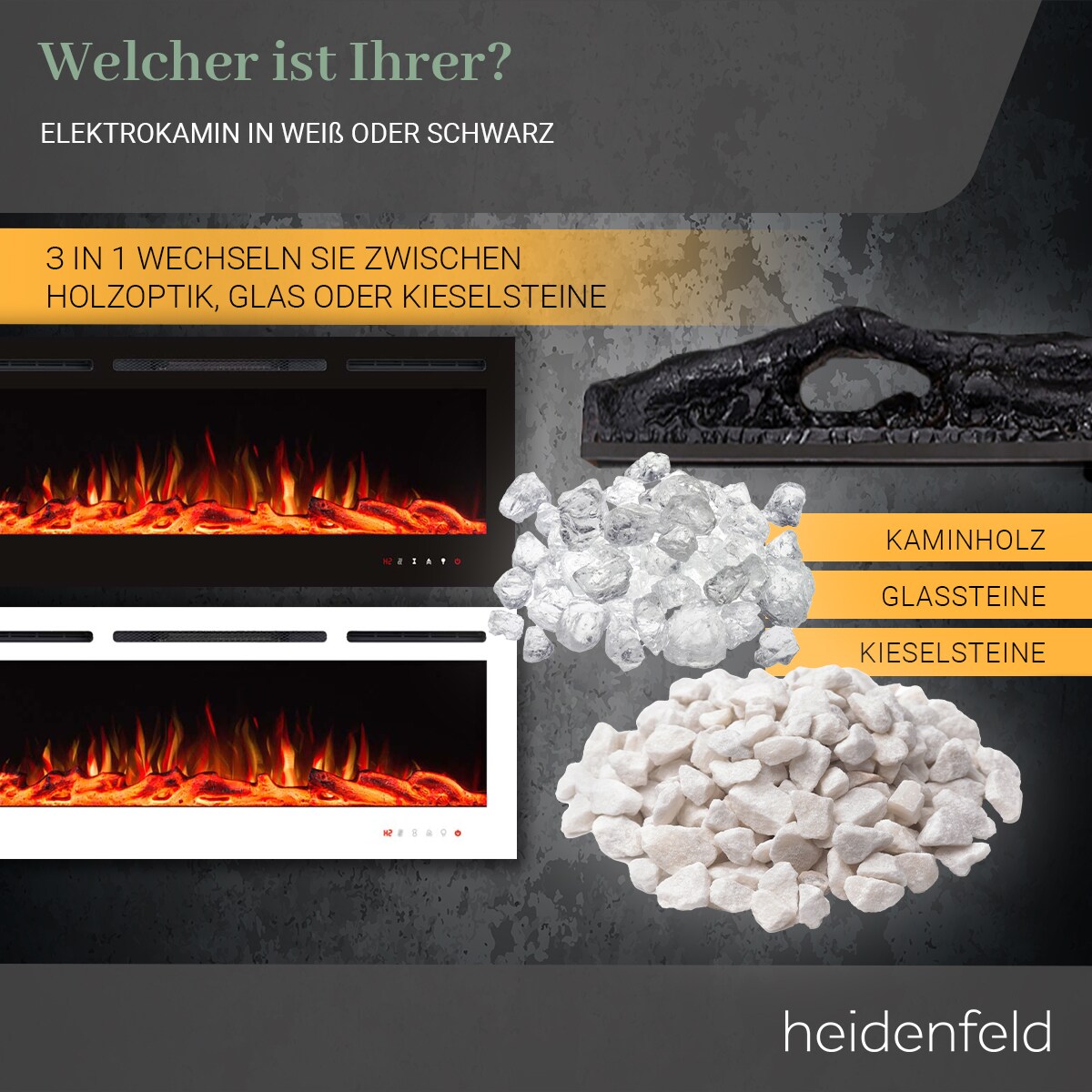 Heidenfeld Elektrokamin HF-WK200, 6 Größen, weiß/schwarz, Wandeinbau, 3D-Flammeneffekt in 10 Farben (Schwarz, 92 x 55 cm)