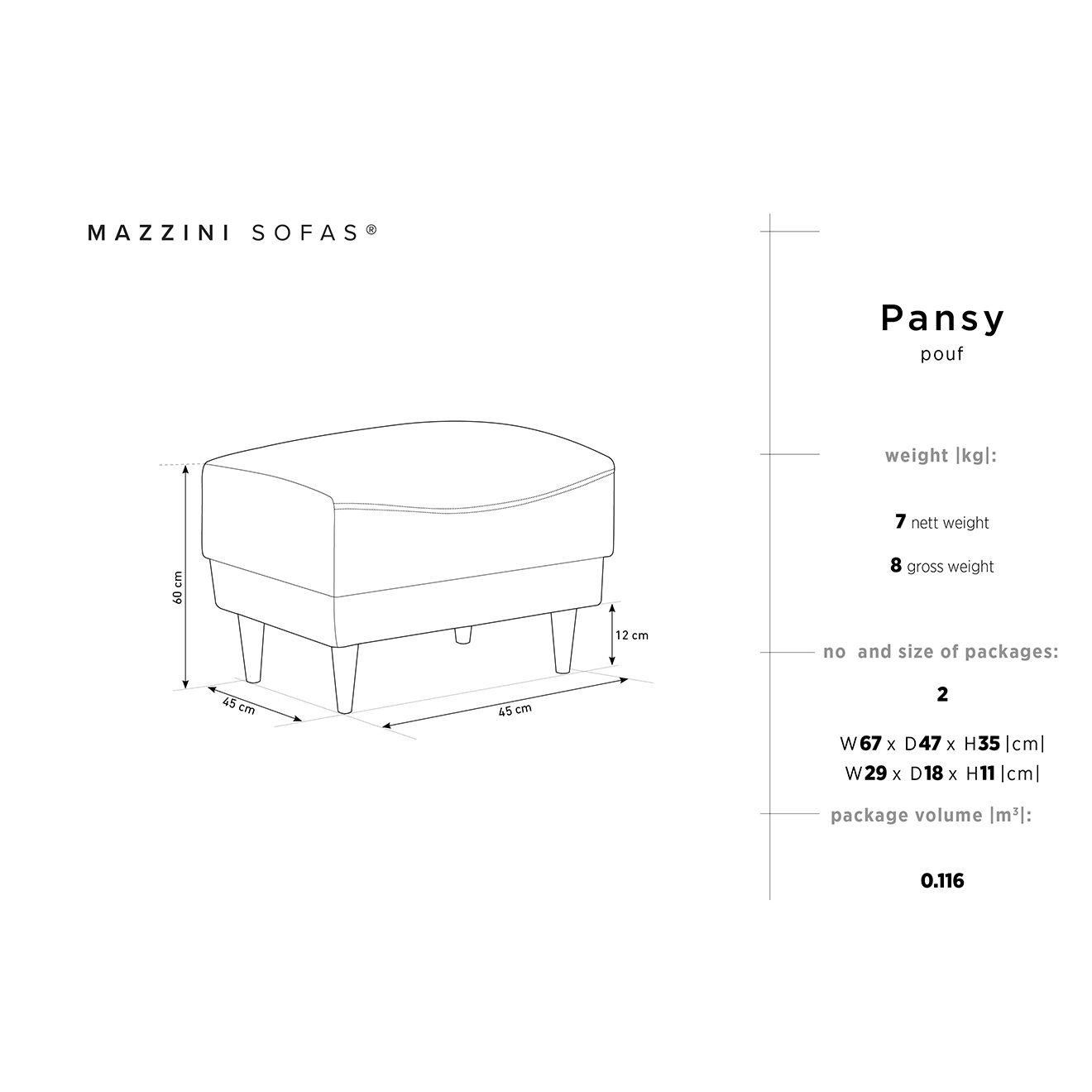 Mazzini Sofas Pouf Pansy en Velours gris clair - 60x45x45 cm