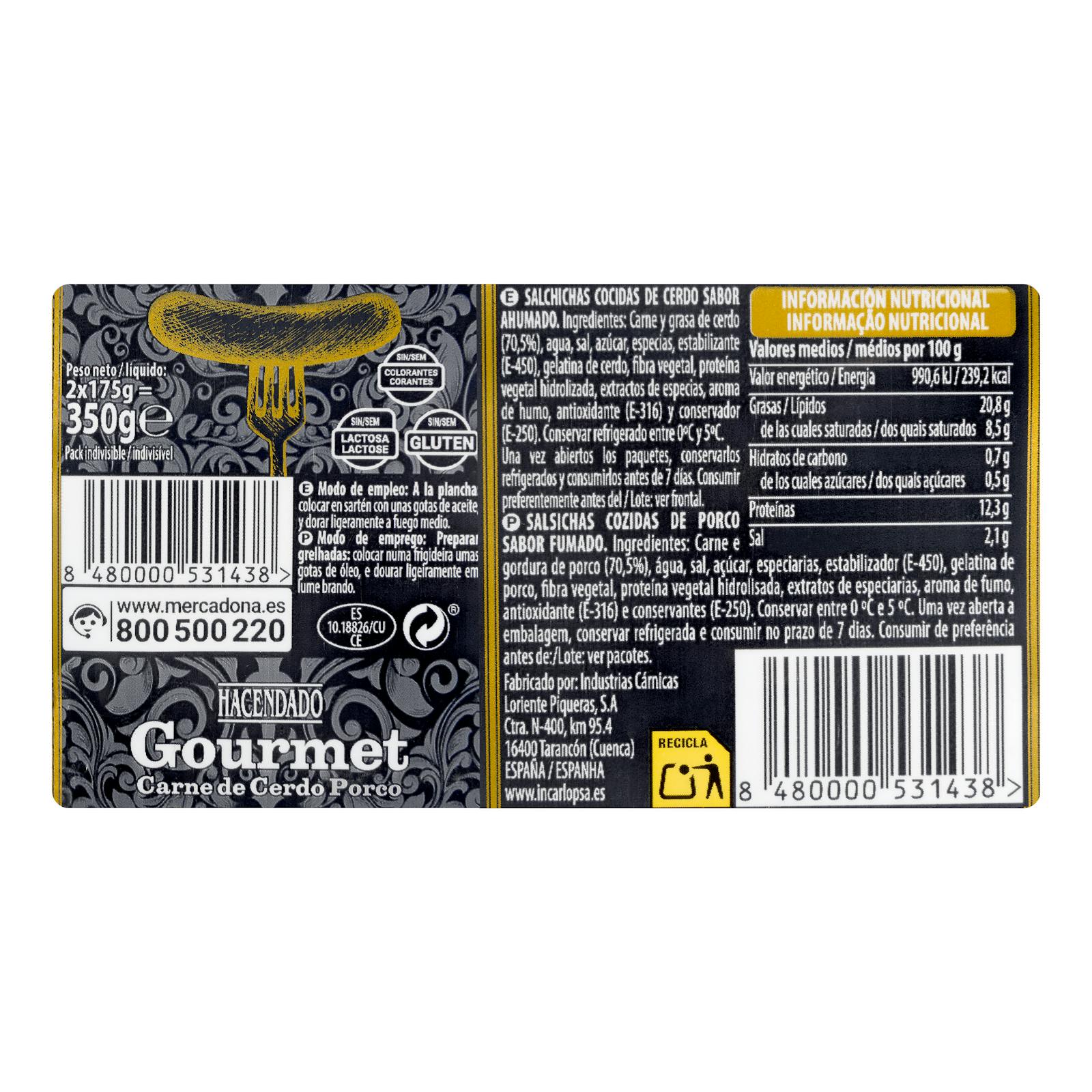 Sandwich gourmet aux saucisses cuites Porc fumé Hacendado
