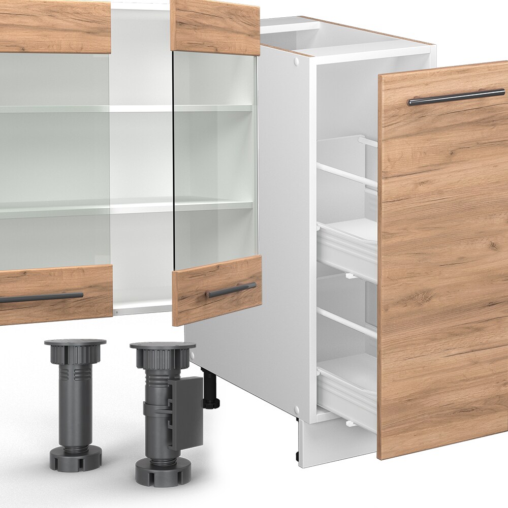 Vicco Küchenzeile Küchenblock Einbauküche Fame-Line Weiß Eiche 280 cm modern Küchen Schränke Spülenunterschrank Unterschrank Schubunterschrank Hängeschrank Mikrowellenschrank Apothekerunterschrank