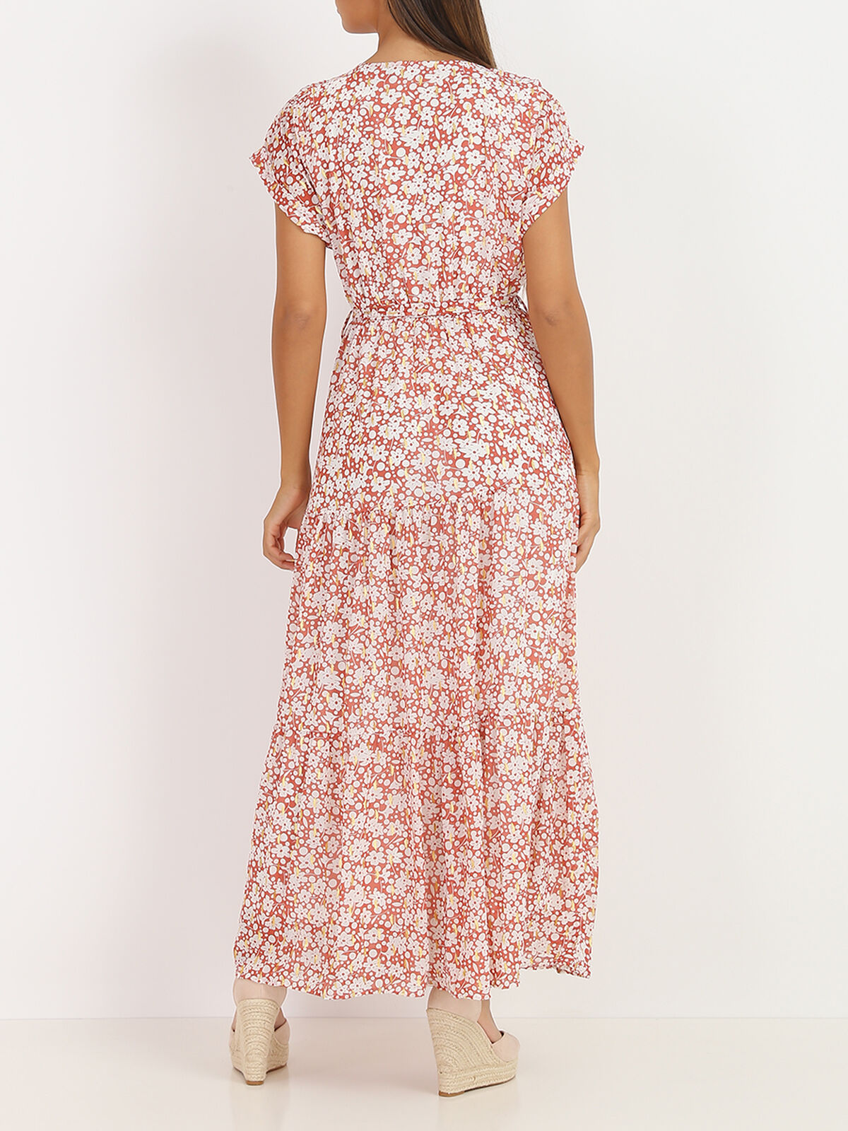 Robe longue à fleurs et détails- Vieux rose