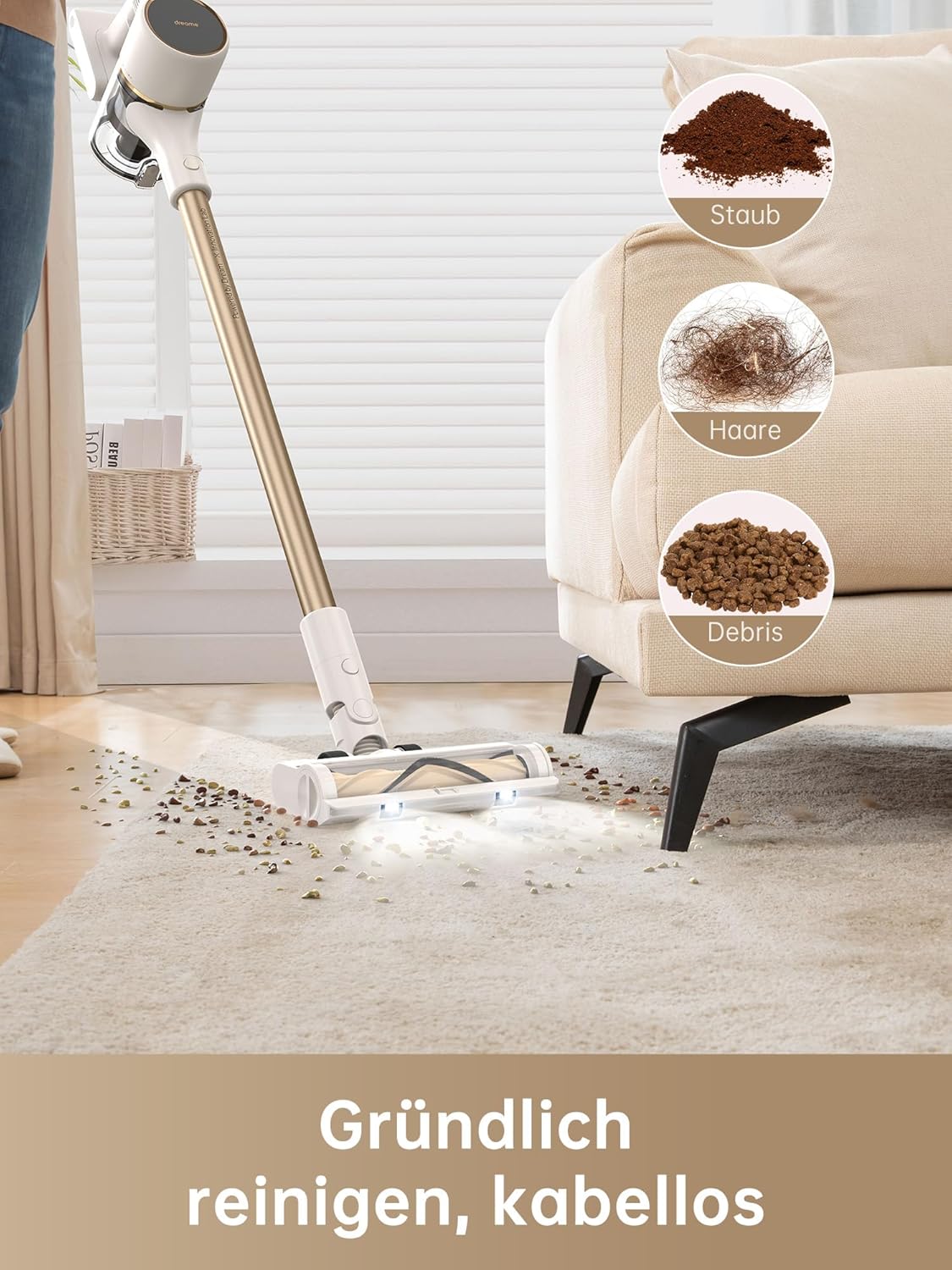 dreame R10 Akku Staubsauger, 20.000 PA / 120AW Starke Saugkraft Staubsauger Kabellos, 60 Min Laufzeit, Bürste für Diverse Oberflächen mit LED-Licht, ideal für Hausreinigung, Tierhaare, Teppiche