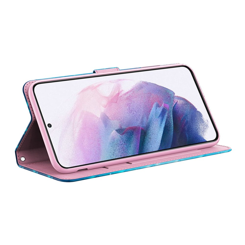 Samsung Galaxy S22 5G Leder Tasche mit Kartenfächern - Blaue Schmetterlinge