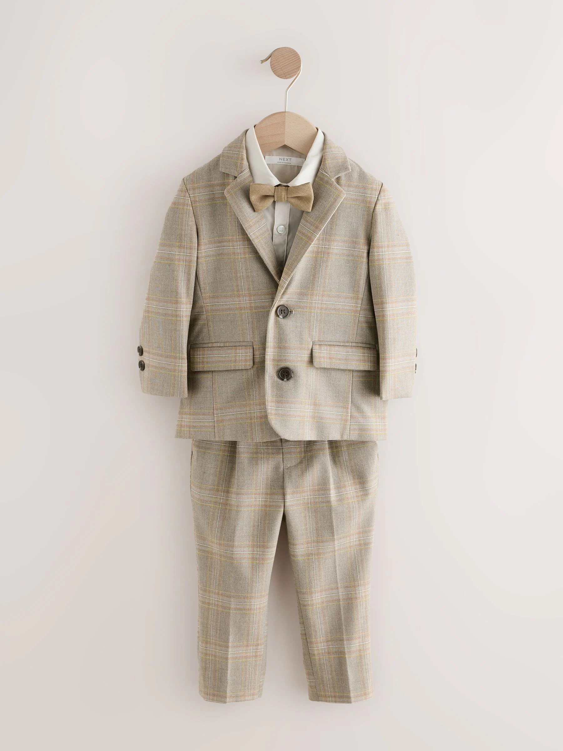 Bruin geruit - Set van blazer, overhemd, broek en vlinderstrik (3mnd -9jr)
