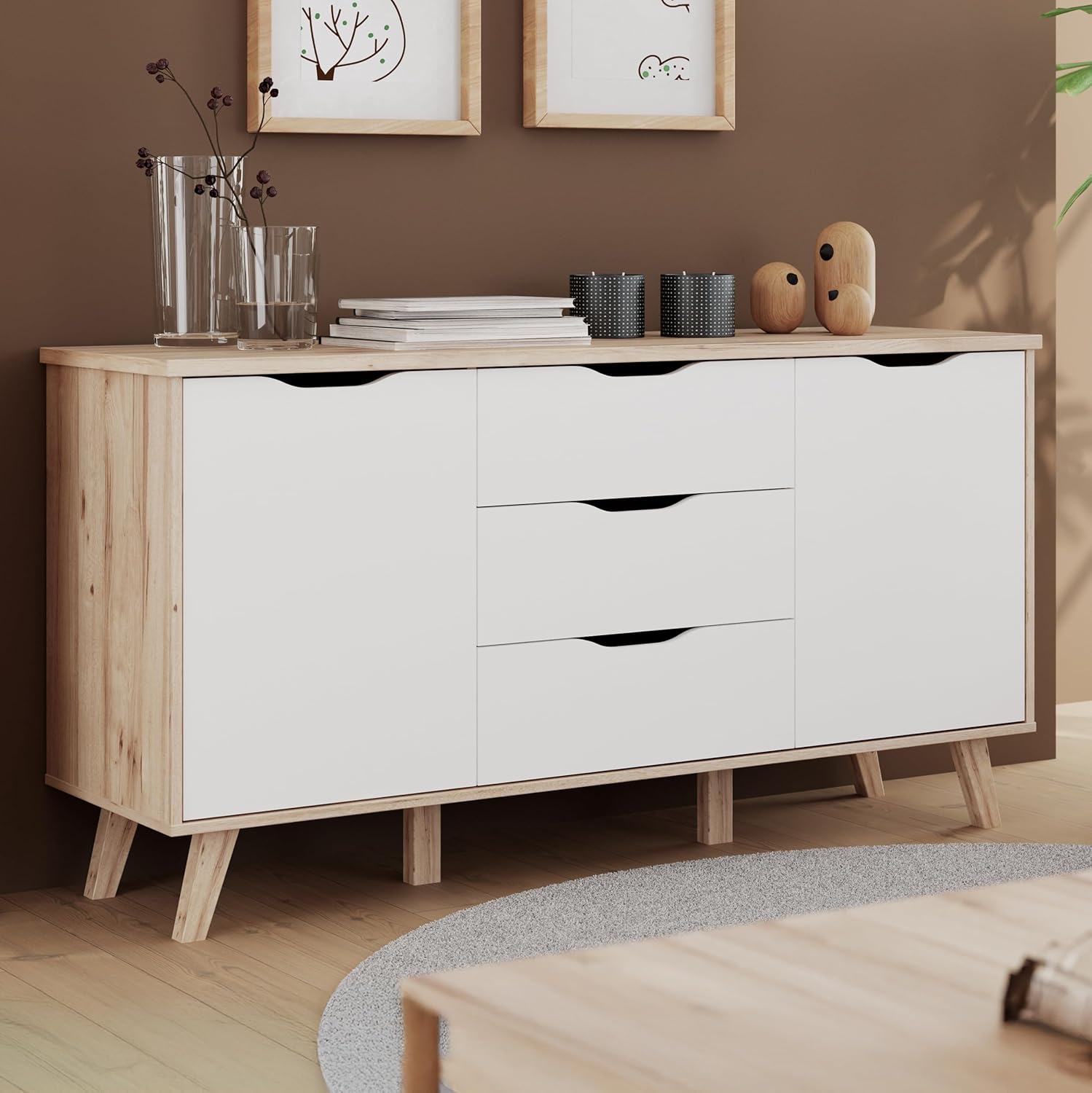 Forte VANKKA Kommode 150, Moderne Kommode mit 3 Schubladen und 2 Türen, Holzwerkstoff, Planked EicheDekor/Weiß, 149,4 cm breit, 76,7 cm hoch, 42 cm tief