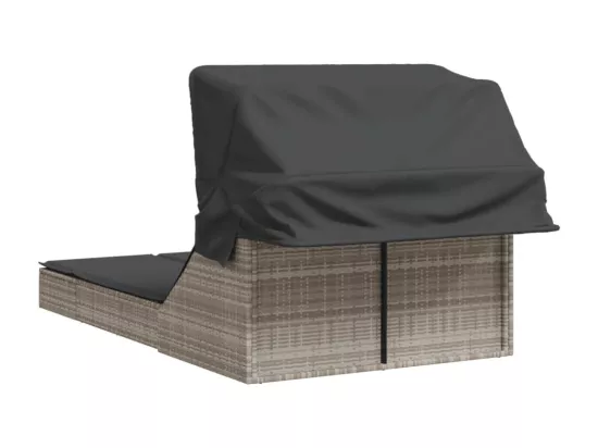 Chaise longue double avec auvent et coussins gris clair rotin