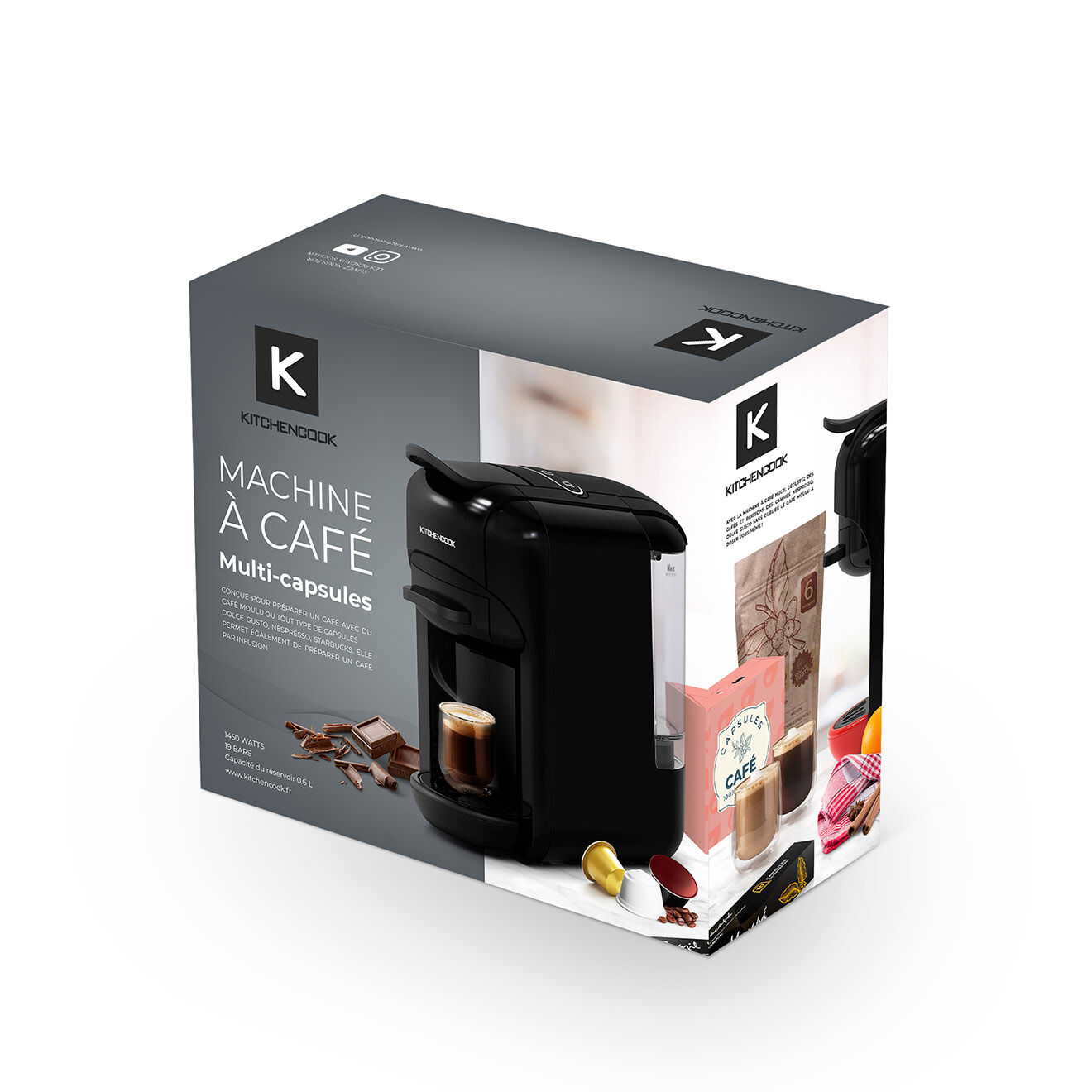Kitchencook Machine à café multi dosettes et café moulu noire