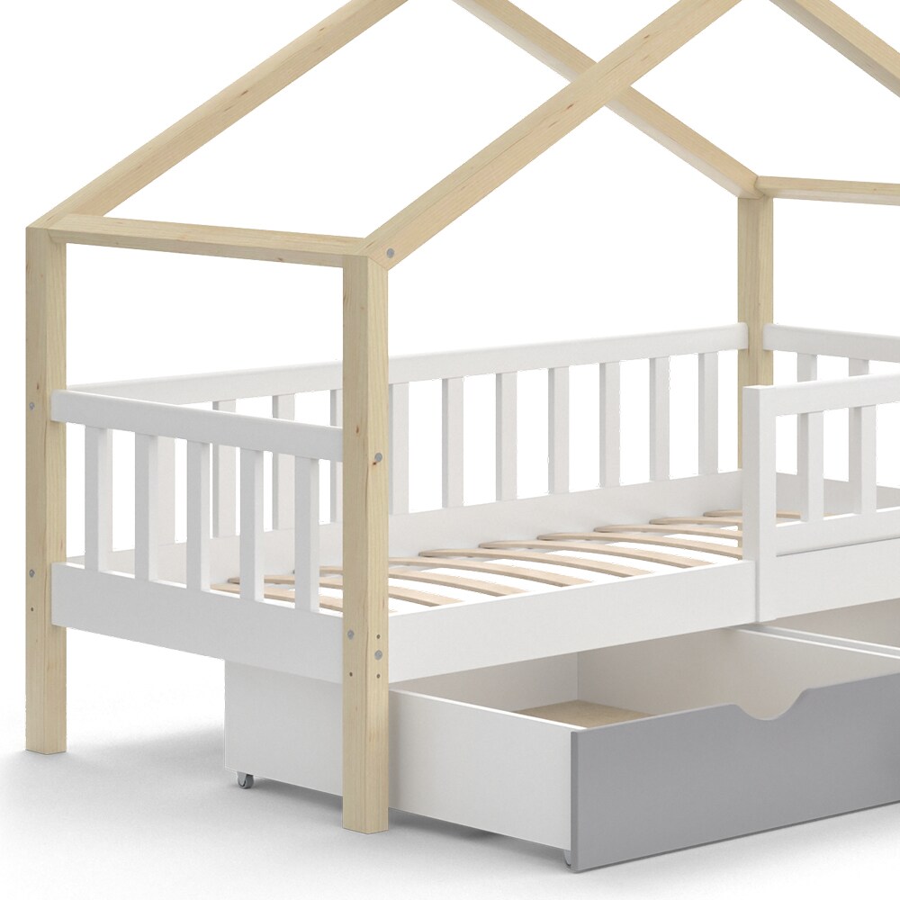 VitaliSpa Kinderbett Hausbett Einzelbett Design Weiß Grau Natur modern 80x160 cm Kinderzimmer Bett Massivholz Lattenrost Schublade Rausfallschutz Schubladenbett