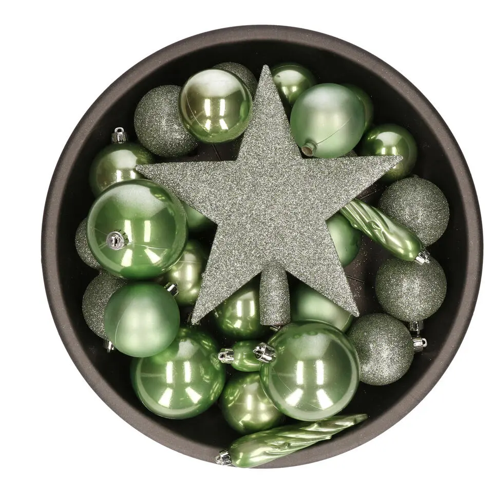 Bellatio Decorations kerstballen -34-dlg - salie groen -kunststof