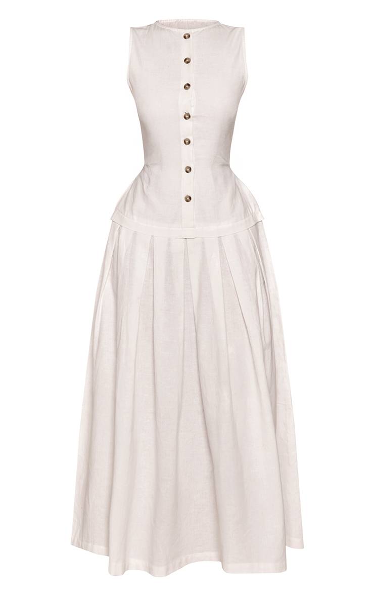Blanc Robe Maxi À Taille Basse Boutonnée Aspect Lin Petite