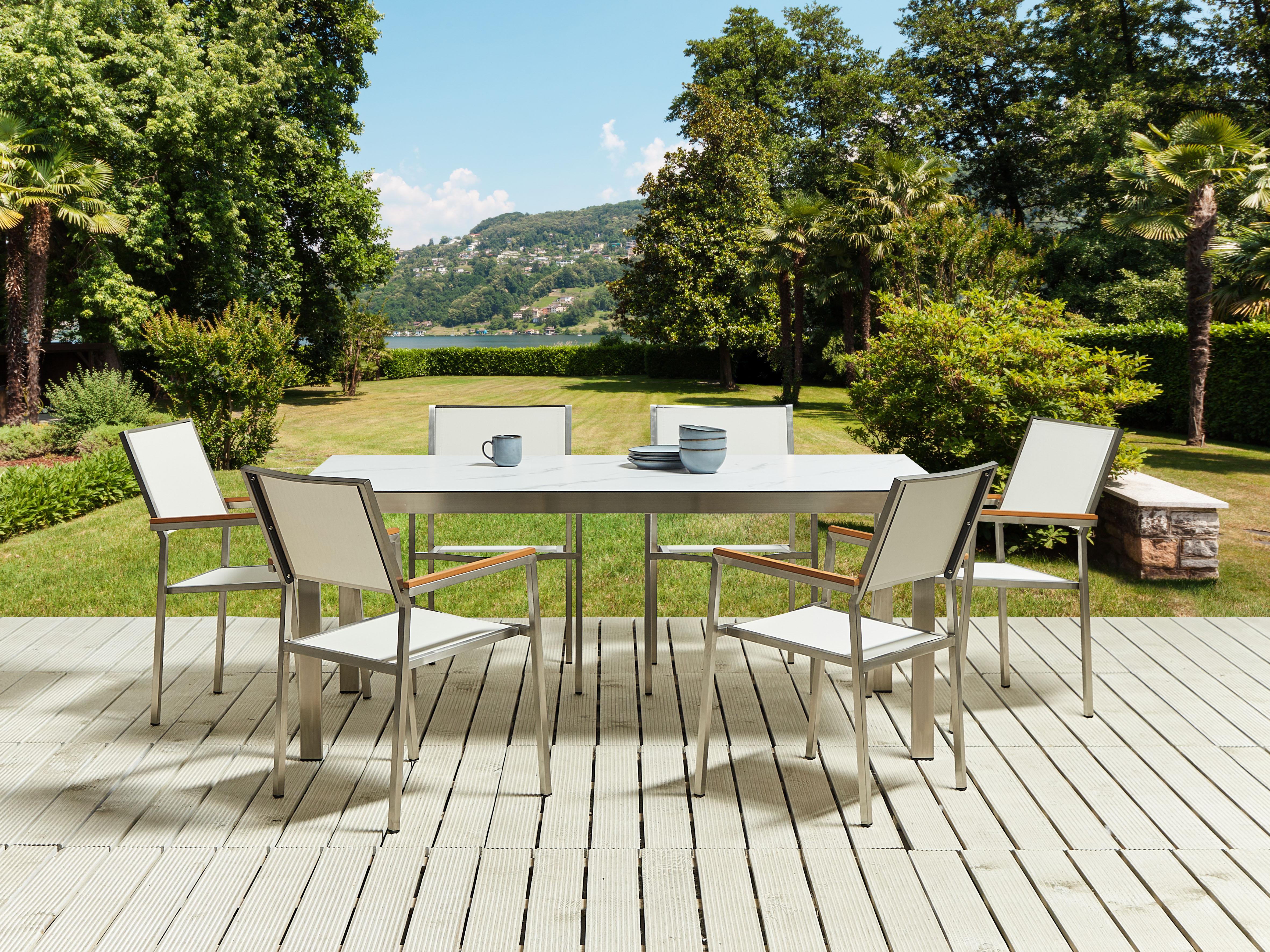 Tuinset 6-zits COSOLETO/GROSSETO Veiligheidsglas Marmereffect Wit marmer