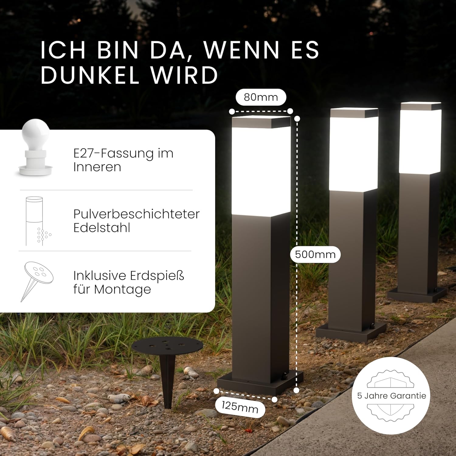 MATO 4x Wegeleuchten Außen mit Erdspieß Eckig - E27 Fassung, Höhe 50 cm - Outdoor Pollerleuchte aus Edelstahl IP44 - Wegleuchte, Sockelleuchte, Standleuchte, Gehwegleuchten Außen, Wegbeleuchtung