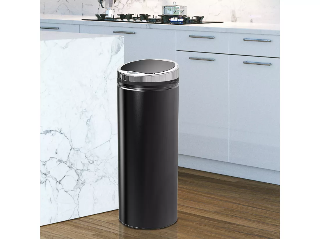 Poubelle automatique détecteur de mouvement 50L bac amovible acier inox. noir