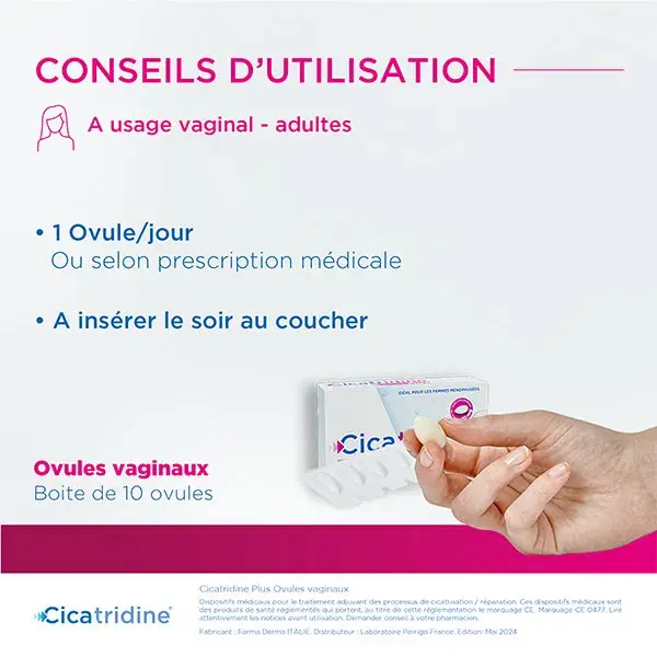 Supositórios vaginais Cicatridine Plus, hidratante vaginal rápido e intensivo, 10 unidades