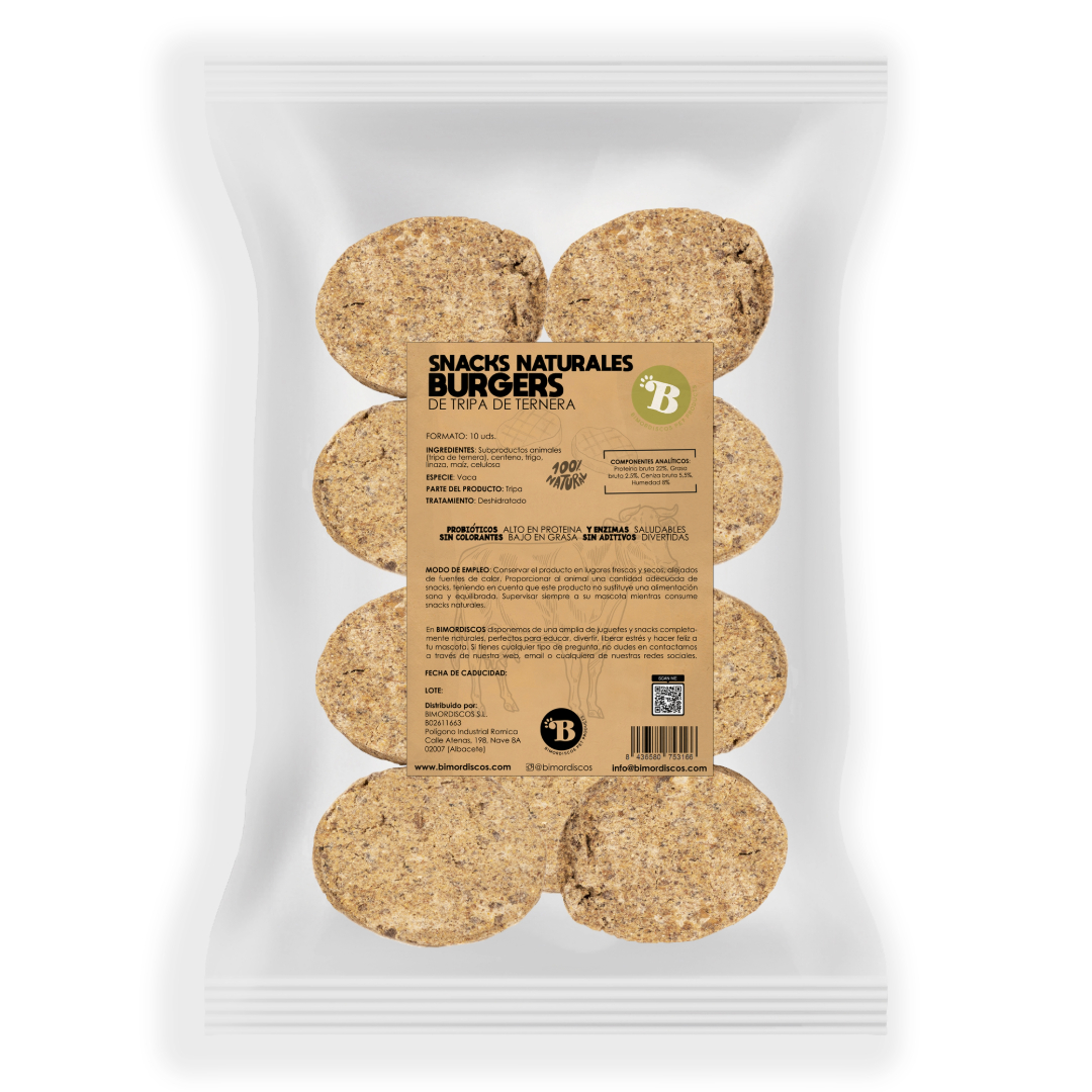 Hambúrgueres de tripa bovina BIMORDISCOS para cães (10 unidades)