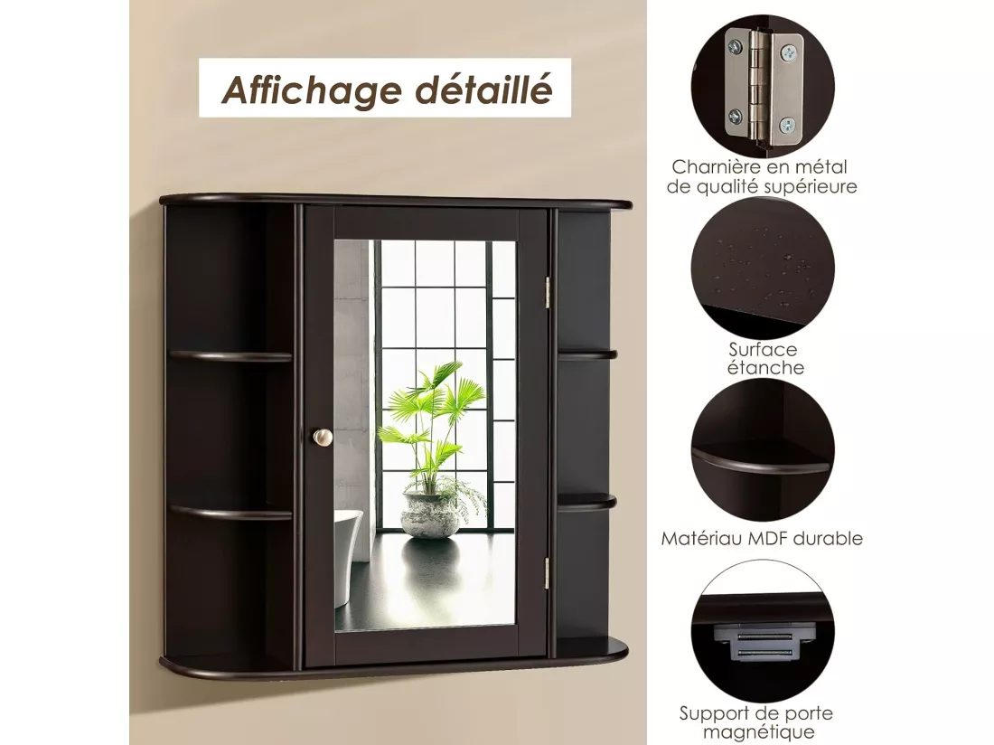 Armoire murale de salle de bains avec miroir avec etagères réglables et compartiments ouverts armoire à pharmacie