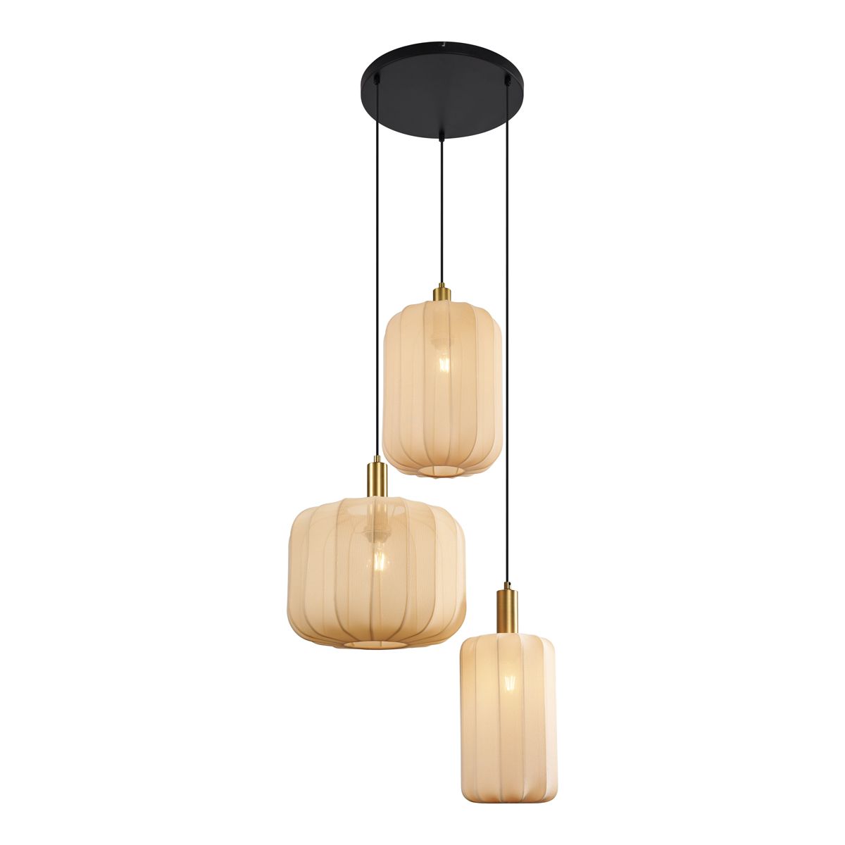 Japandi hanglamp zwart en goud met beige kap 3-lichts - Pluni