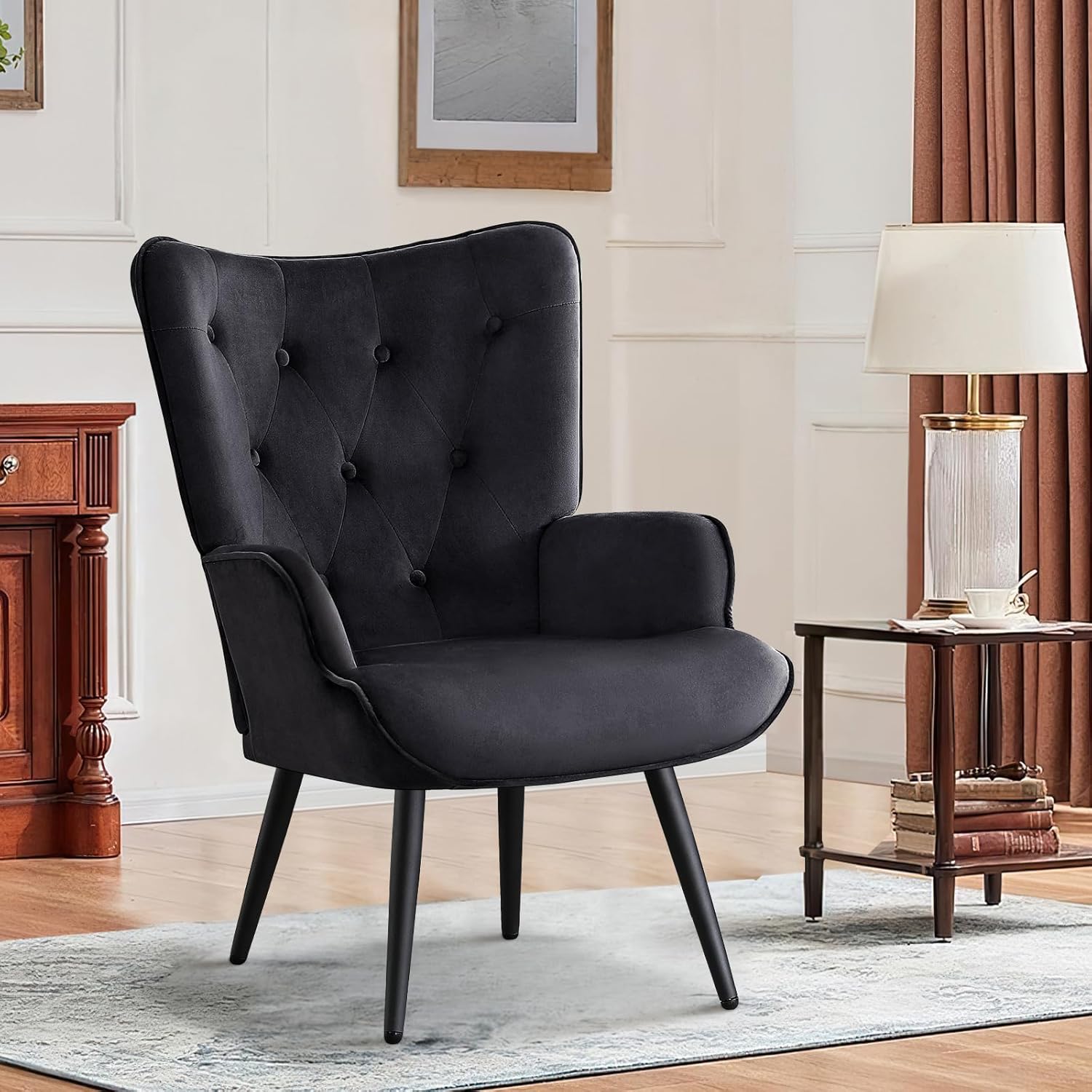 Ohrensessel Sessel Wohnzimmer 2er Set, Skandinavischer Stil Relaxsessel Samt mit Hoher Rückenlehne Loungesessel Polstersessel fürs Wohnzimmer Schlafzimmer Arbeitszimmer, Schwarz