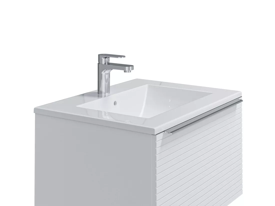 Meuble de salle de bain suspendu strié blanc avec simple vasque à encastrer - 60 cm - LATOMA