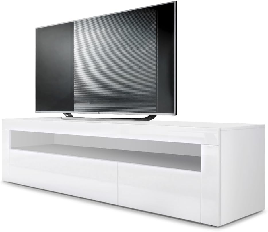 Vladon Lowboard Valencia, Made in Germany, TV-Kommode mit 1 offenem Fach und 2 Klappen, Weiß matt/Weiß Hochglanz/Weiß Hochglanz (155 x 46 x 40 cm)