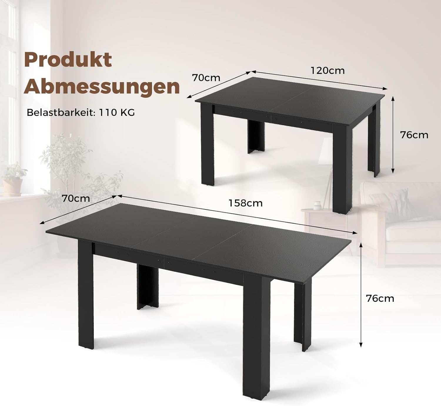 COSTWAY Esstisch ausziehbar, 120/158 x 70 cm, Küchentisch für 4-6 Personen, rechteckiger Esszimmertisch für Esszimmer, Küche, Schwarz