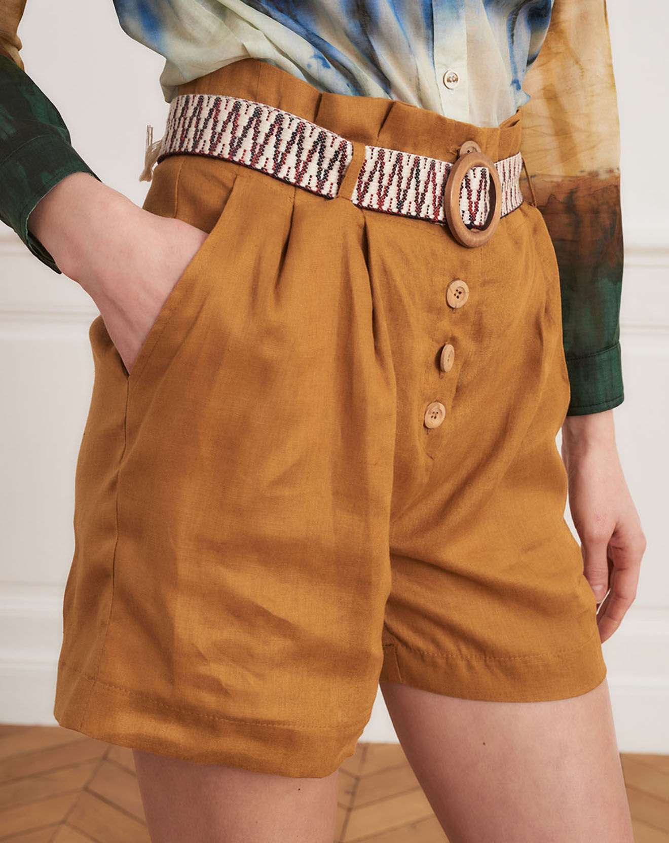 La Petite Francaise Short 100% Lin Stanislas ocre foncé