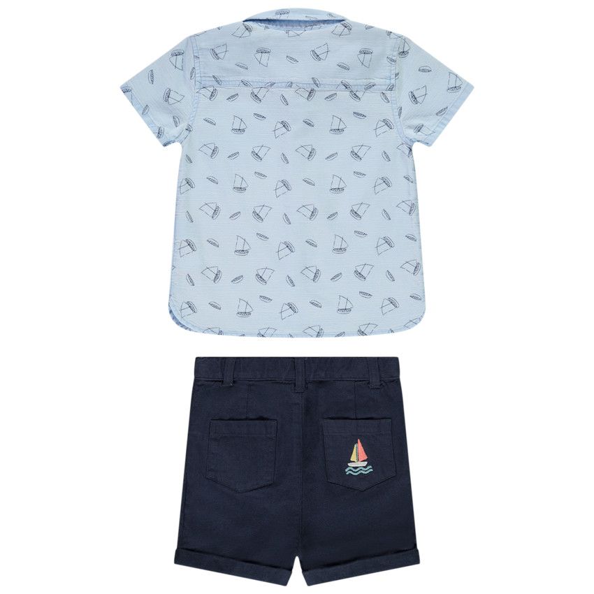 Ensemble chemise imprimé bateaux et bermuda en toile pour bébé garçon - Bleu marine