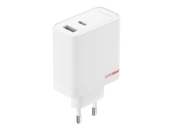 OnePlus SUPERVOOC - Strømadapter - GaN - 80 watt - 7.3 A - SuperVOOC, PD/PPS, QC - 2 utgangskontakter (USB, 24 pin USB-C) - hvit