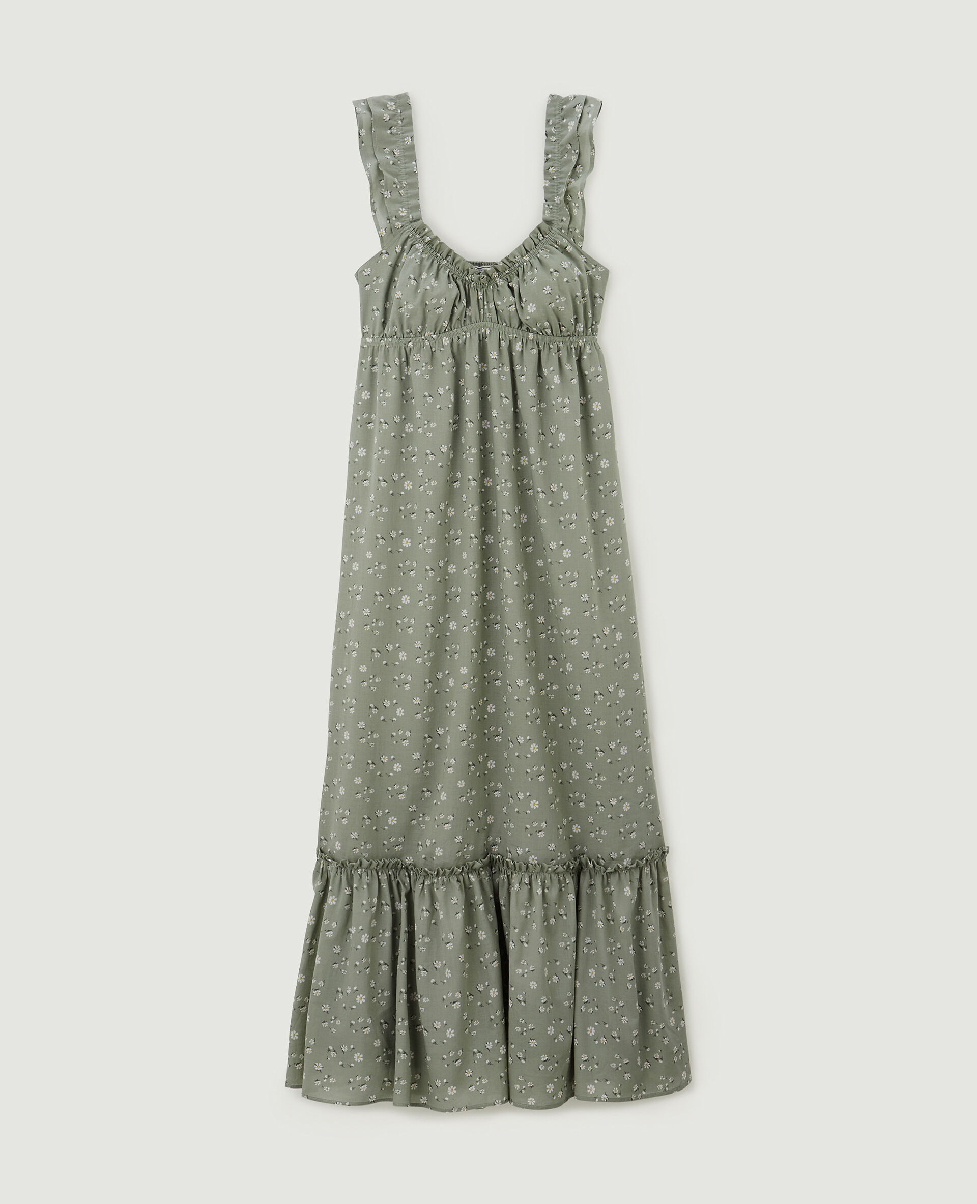 Robe longue motif fleurs avec volants - Vert kaki