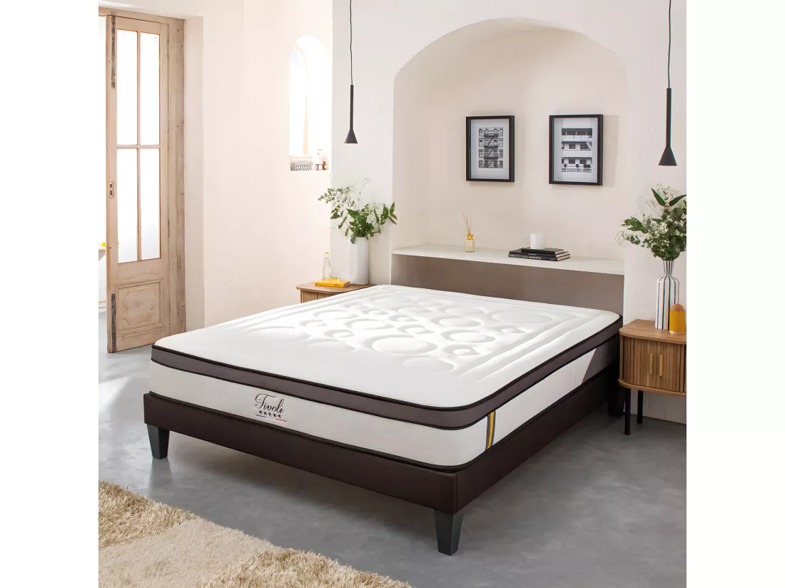 BELLECOUR LITERIE | Ensemble TIVOLI 140x190 cm | Matelas Mémoire de forme + Sommier Bois