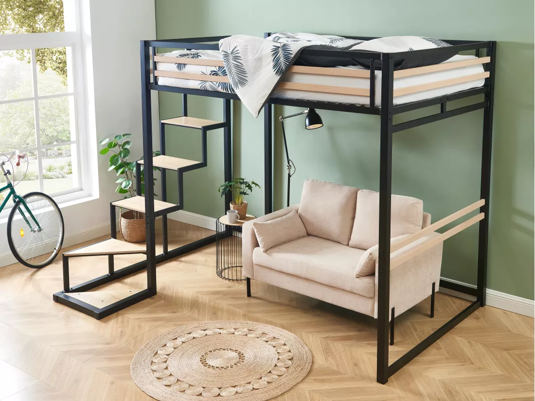Lit mezzanine 140 x 200 cm - Métal et MDF - Noir et naturel + Matelas - JOGUI