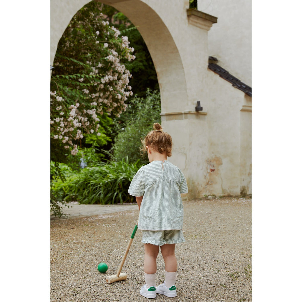 Køb COPENHAGEN COLORS Green W Cream Stripe W. Dusty Rose Seersucker Bluse W. Contrast Edge