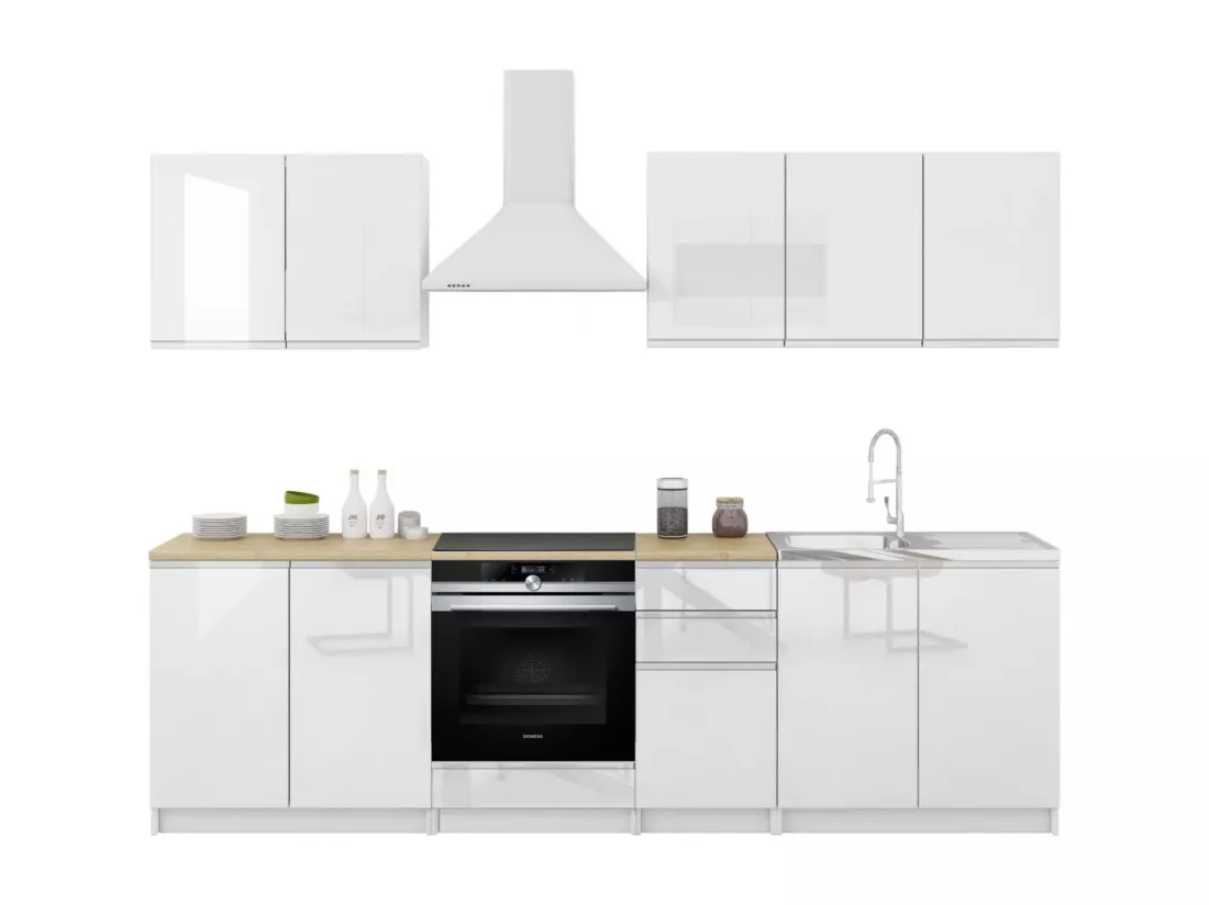 Cuisine Handys 7 éléments laqué blanc - sans poignées 2m60 four encastrable