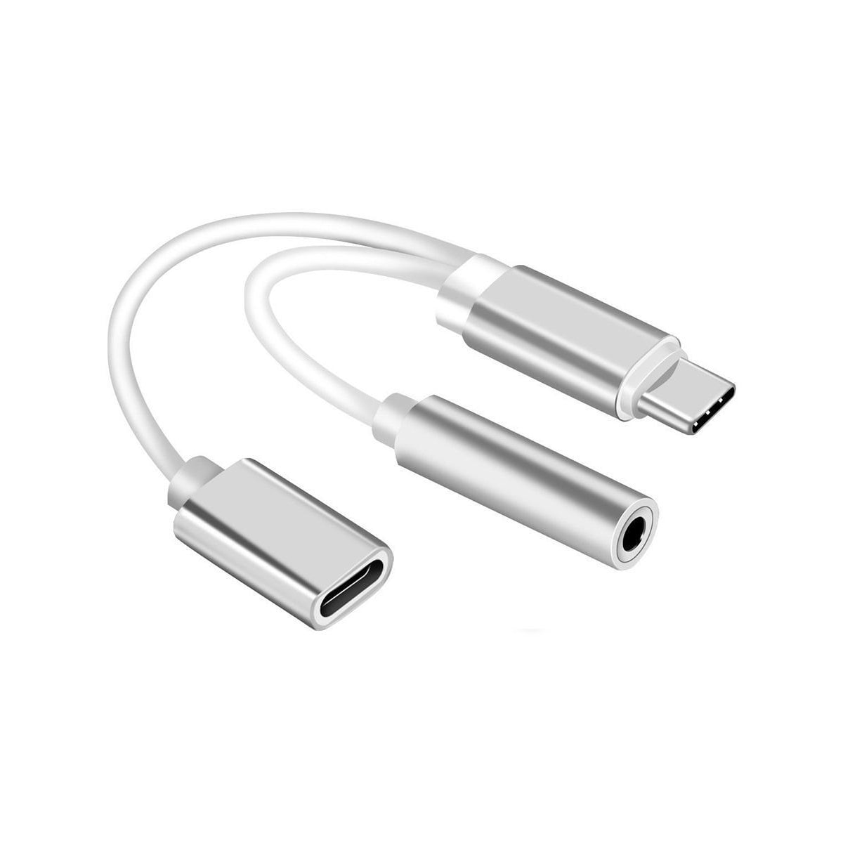 Dobbel adapter USB-C til 3,5 mm-kontakt og lading, sølv